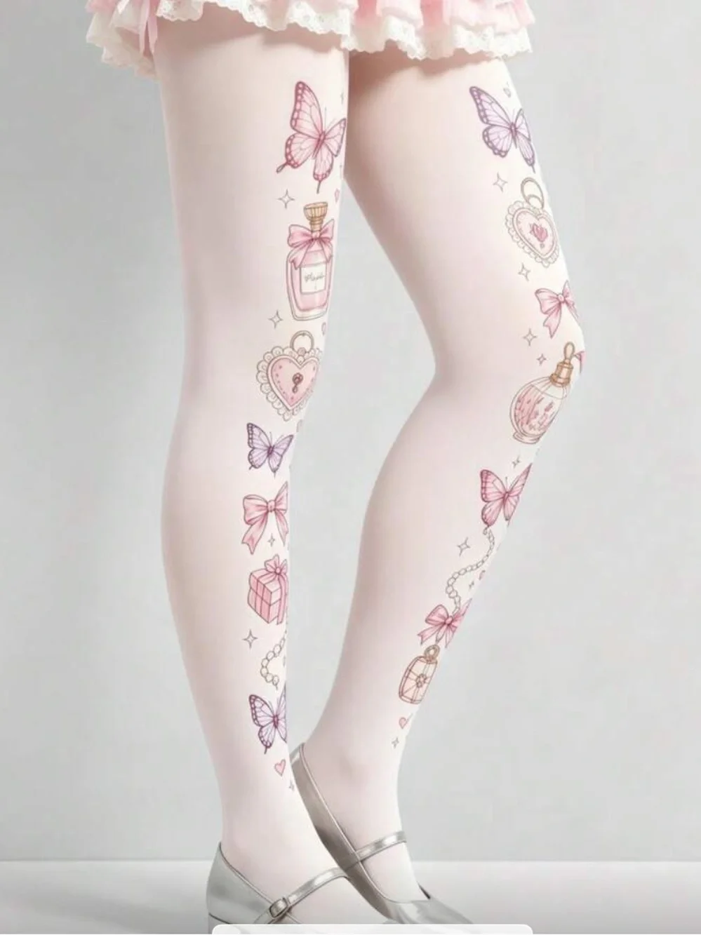 Cute White Floral & Butterfly Printed Tights for Women